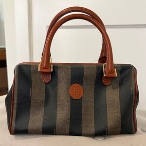 Fendi Brown and Black Striped Canvas Top Handle Bag